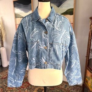 Grig Brazil Blue Cropped Denim Jacket with Butterfly Print